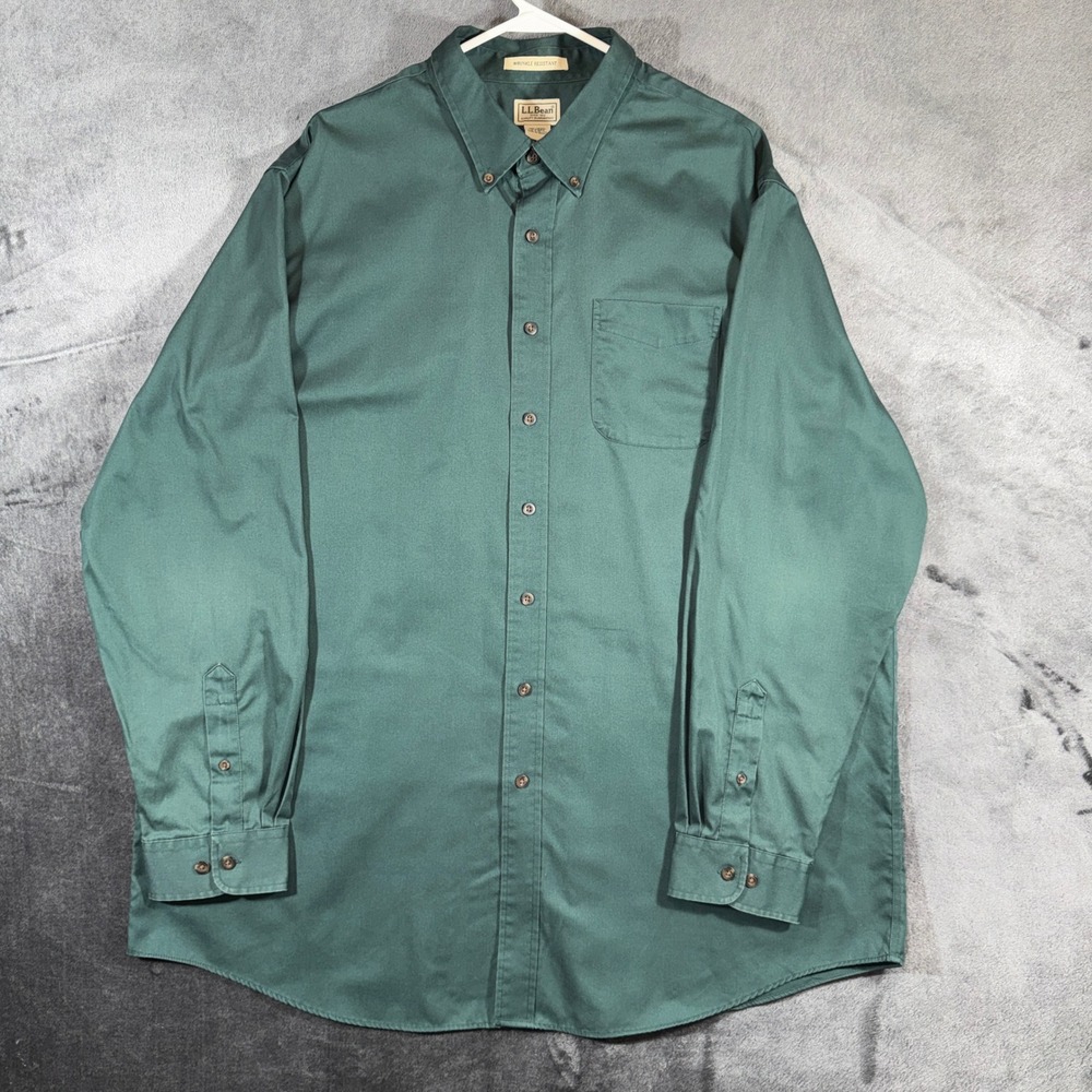 LL Bean Mens XXL Tall Forest Green Wrinkle Resistant Cotton Button Down Shirt